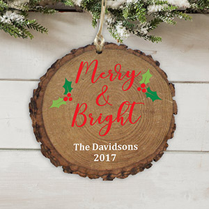 Personalized Merry and Bright Holly Wood Ornament