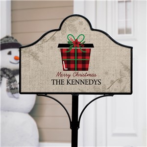 Personalized Merry Christmas Red and Black Plaid Present Magnetic Yard Sign