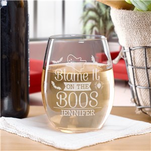 Engraved Blame it on the Boos Halloween Stemless Wine Glass