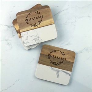 Engraved Leaf Wreath with Family Name Marble & Acacia Coasters