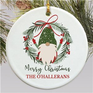 Personalized Merry Christmas Burlap Gnome Round Ornament