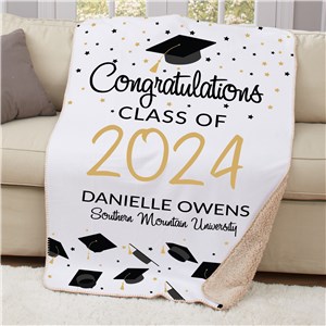 Personalized Black and Gold Confetti and Caps Sherpa Blanket