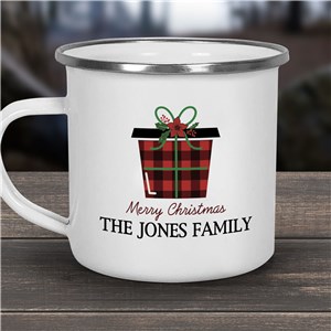 Personalized Merry Christmas Red and Black Plaid Present Camper Mug