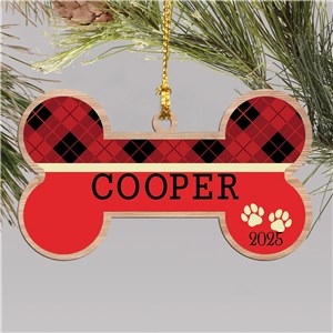 Personalized Red and Black plaid Dog Bone Wood Ornament