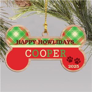 Personalized Happy Howlidays Dog Bone Wood Ornament