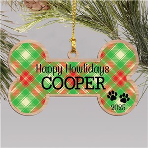 Personalized Red, Green and Cream Plaid  Dog Bone Wood Ornament